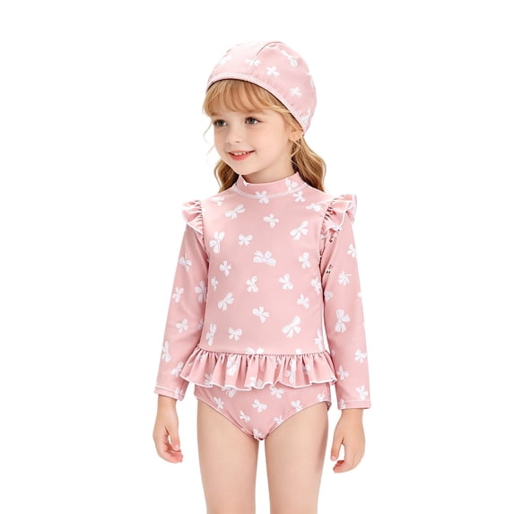Girls Clothes 3-12T Cute Summer Long Sleeve One-Piece Swimsuit + Hat Bathing Suit