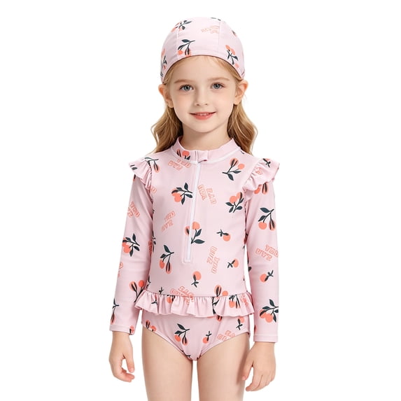 Girls Clothes 3-12T Cute Summer Long Sleeve One-Piece Swimsuit + Hat Bathing Suit