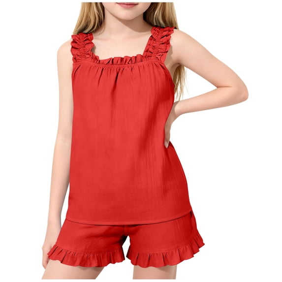 Girls Clothes 7-8 Sets Casual Girls Summer Outfits 2 Piece Short Sets Casual Fashion Girls' Casual Sleeveless Round Neck Solid Color Short Pants Sets(4-16 Years)