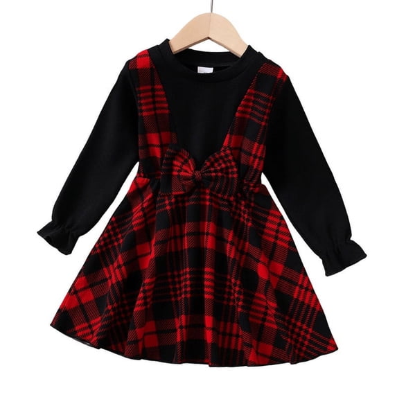 Girls Clothes Black and Red Plaid Round Neck Long Sleeved Casual Dress with Bowknot Fall Winter Big Kid Clothes