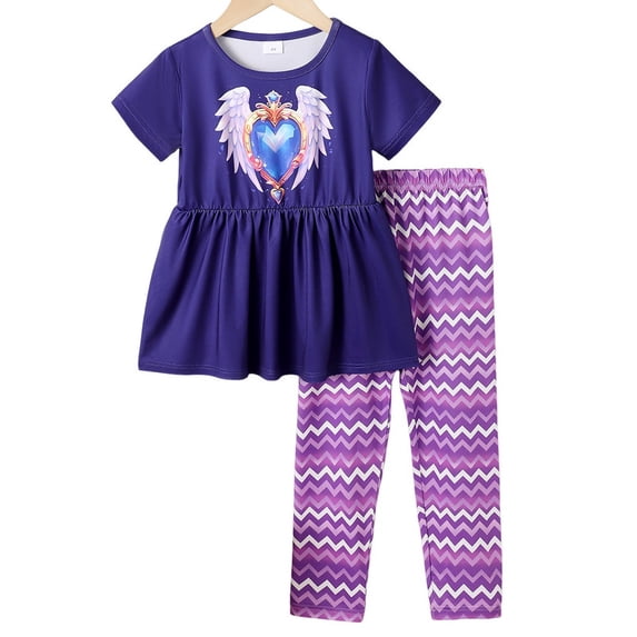 Girls Clothes Blue Angel Wings Sapphire Pattern Printed Tied Waist Short Sleeved Round Neck Top + Color-Matching Pants 2PCS Set Big Kid Clothes