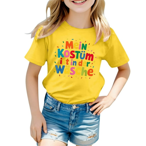 Girls Clothes, Children's Carnival Colour Printed Round Neck Short Sleeved T Shirt(z5 Yellow,3-4Years)