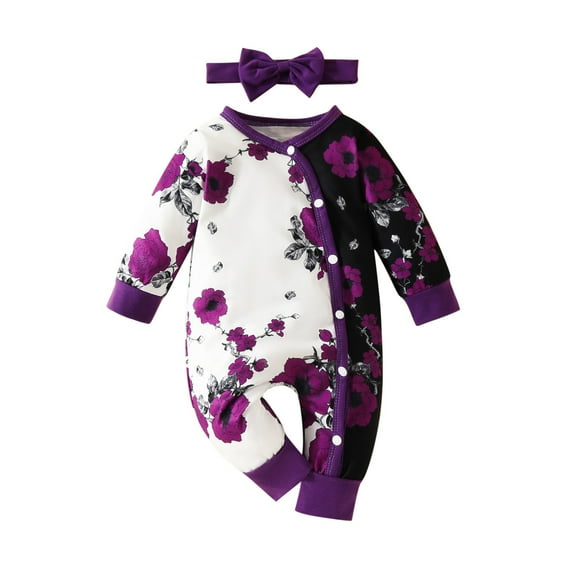 Girls Clothes, Baby Girl Outfits Floral Print Long Sleeve Newborn Infants Spring Fall Romper Jumpsuit with Bowknot Headb& (0-3M, Purple)