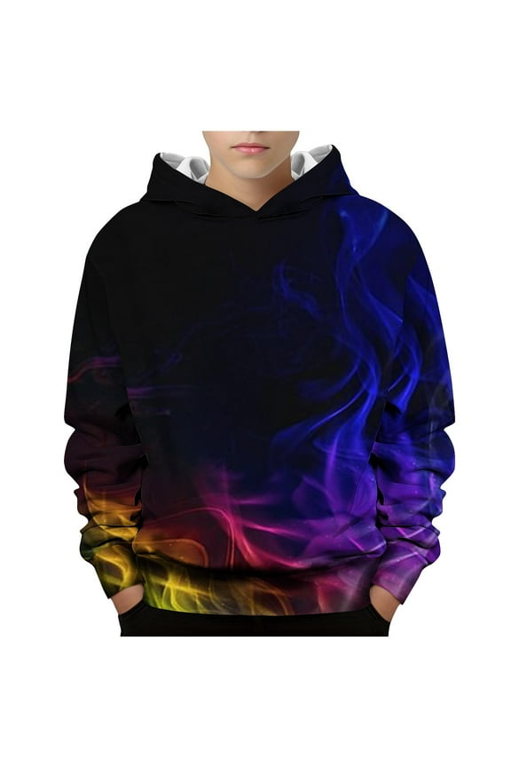 Girls Clothes, Boys Fashion Hoodies 3D Fire Print Pullover Hooded Sweatshirts Long Sleeve Loose Fall Winter Clothing 4-14 Years (11 Years, Black)