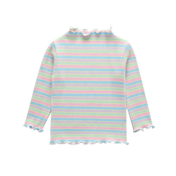 Girls Clothes, Girls Clothing Ribbed Knit Cotton Rainbow Striped Tops Lettuce Trim Long Sleeve Shirts Fall Casual Base Blouses (3 Years, Green)