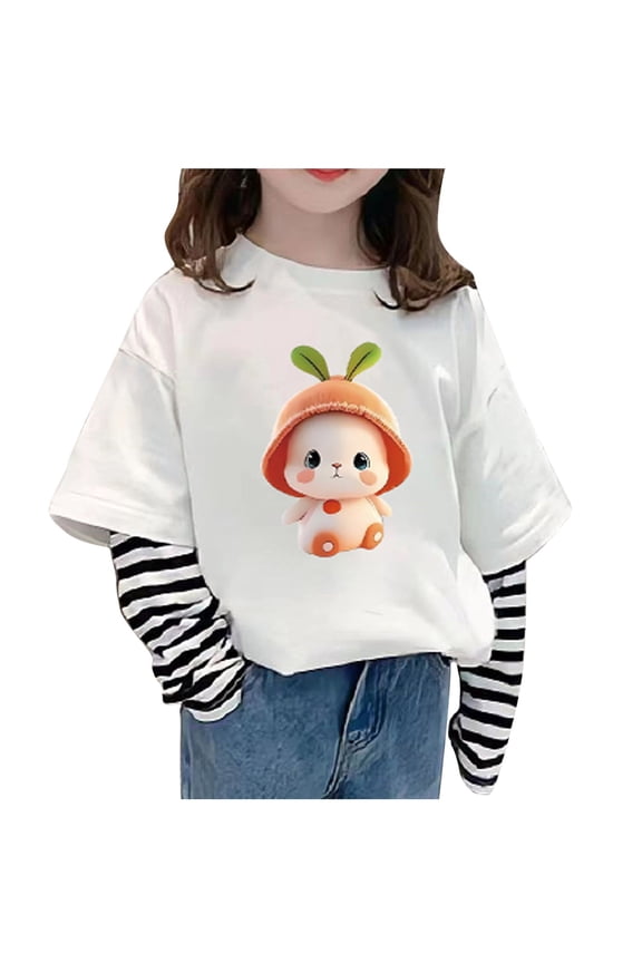 Girls Clothes, Girls Fall Clothes Tops Cartoon Patterned Patchwork Striped Long Sleeve Pullover Crew Neck Oversized T-shirts (3 Years, White)