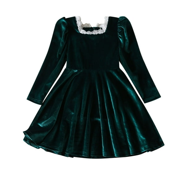 Girls Clothes, Girls Velvet Dress Lace Trim Square Neck Puff Long Sleeve Party Swing Dress 2-8T Birthday Formal Girl Clothes (4-5T, Green)
