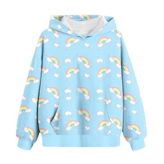Girls Clothes Clearance, Girls Sweatshirts Lovely Rainbow Printed Hoodies Long Sleeve Loose Hooded Pullover Fall Winter Tops for Kids (5 Years, Blue)