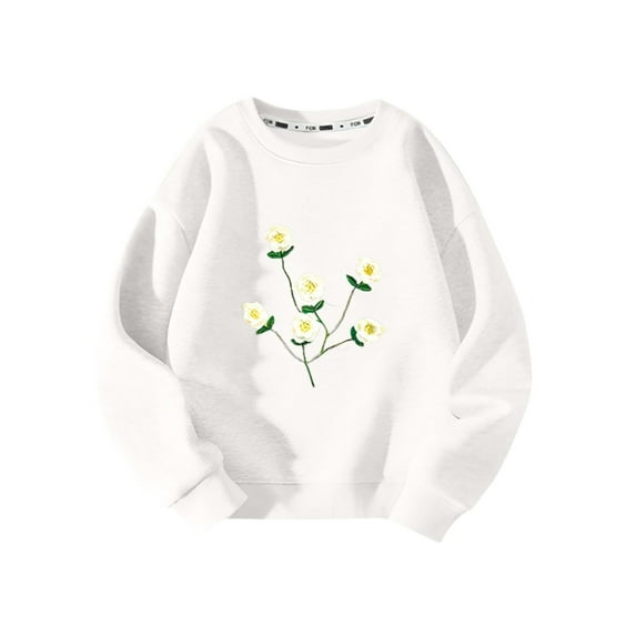 Girls Clothes Clearance, Sweatshirts for Girls 3 4 5 6 7 8 9 Years Old Warm Cotton Crew Neck Long Sleeve Floral Printed Pullover Tops (10-11T, White)