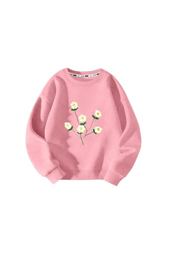 Girls Clothes, Sweatshirts for Girls 3 4 5 6 7 8 9 Years Old Warm Cotton Crew Neck Long Sleeve Floral Printed Pullover Tops (7-8T, Pink)