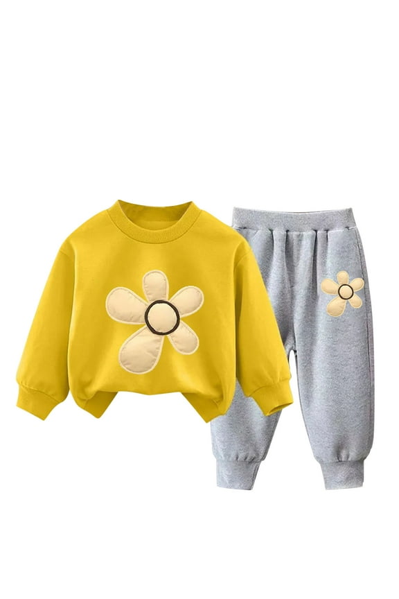 Girls Clothes, Sweatsuits for Girl Boy Fall Winter Outfits Cotton Cute Printed Long Sleeve Top & Jogger Pants 2 Piece Set (3-4T, Yellow 01)