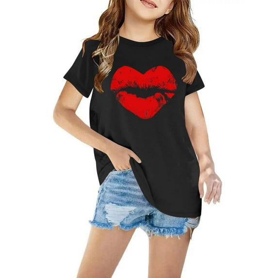 Girls Clothes under $5.00 Short Sleeve Love Print Round Neck T-shirt Cute Print Top Black 5 Years