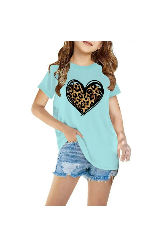 Girls Clothes under $5.00 Short Sleeve Love Print Round Neck T-shirt Cute Print Top Blue 3 Years