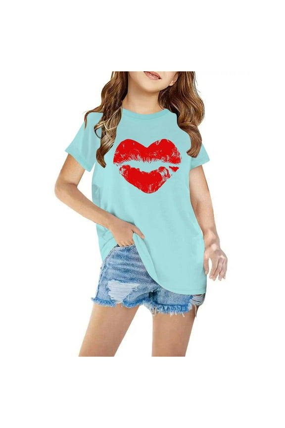 Girls Clothes under $5.00 Short Sleeve Love Print Round Neck T-shirt Cute Print Top Blue 5 Years