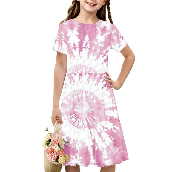 Girls Clothes Short Sleeve Gradient Print Toddler Kids Girls Cute Stretchy A Line Dress 4-14 Years