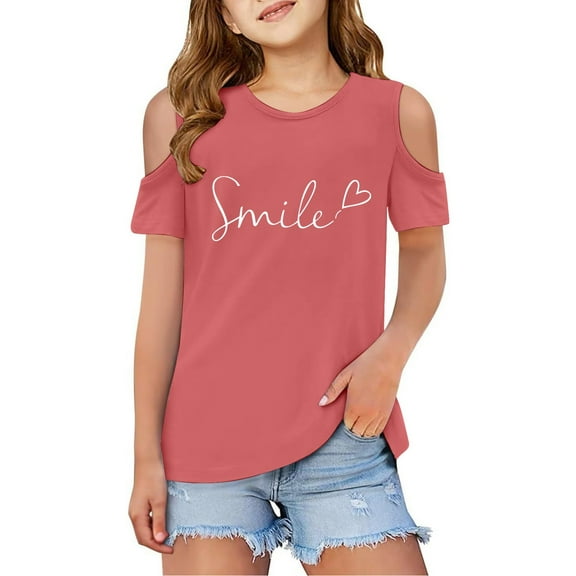 Girls Clothes Cotton T-Shirts Children Kids Girls Short Sleeve Cold Shoulder T Shirts Kids Summer Oversized Tops Casual Crewneck Basic Tees