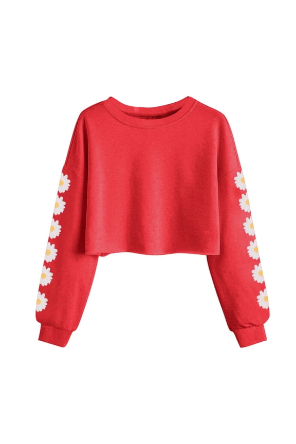 Girls Clothes Daisy Flowers Long Sleeve Crop Tops Crewneck Sweatshirt Spring Casual Tshirts Blouses 4-13T (140, Red)
