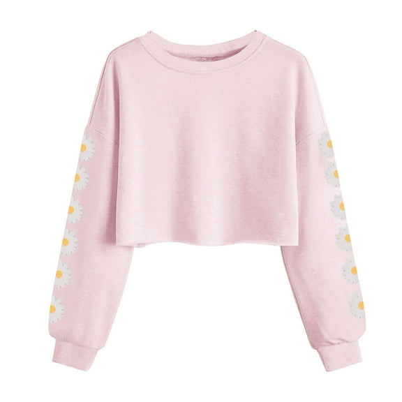 Girls Clothes Daisy Flowers Long Sleeve Crop Tops Crewneck Sweatshirt Spring Casual Tshirts Blouses 4-13T (150, Pink 01)