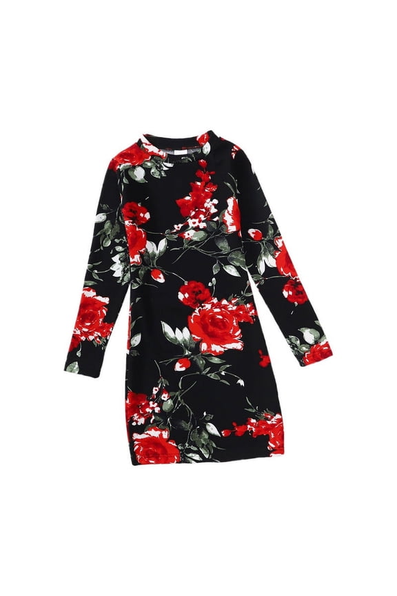 Girls Clothes Floral Pattern Printed Long Sleeved High Neck Butt-wrapped Dress Big Kid Clothes