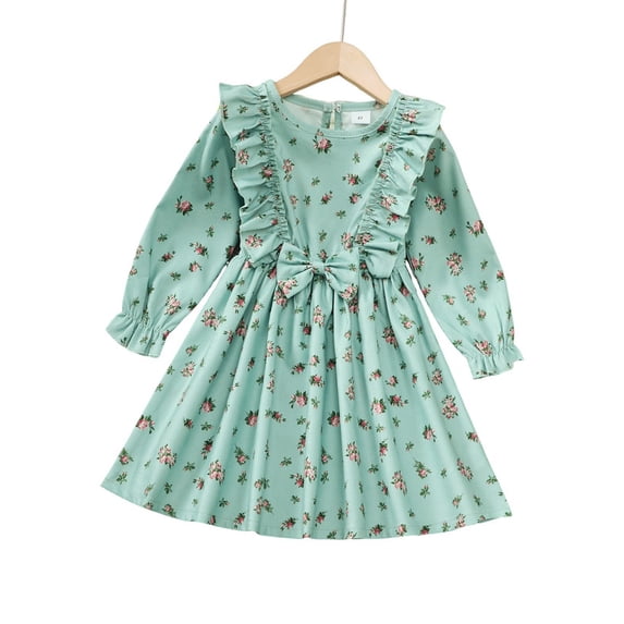 Girls Clothes Floral Pattern Printed Round Neck Long Sleeved Casual Dress with Bowknot Fall Winter Big Kid Clothes