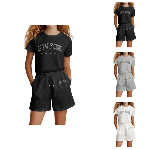 Girls Clothes Girls' Clothing Sets Girls Fashion Letter Print Casual Loose Short Sleeve Suit