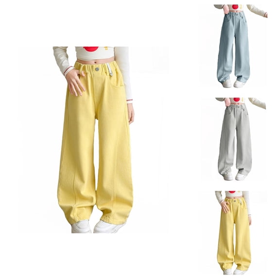 Girls Clothes Girls Elastic Waist Wide Leg Jeans with Functional Pockets Trendy Denim Pants for Daily Casual Wear