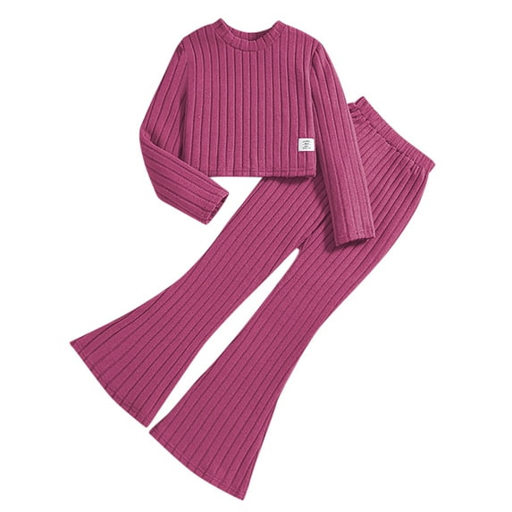 Girls Clothes,Girls Fashion Set Long Sleeve Crop Top Ribbed Sweatshirt Flared Pants Outfit Two Piece Trendy Casual Party Wear,Teen Girl Clothes,Hot Pink,11-12 Years