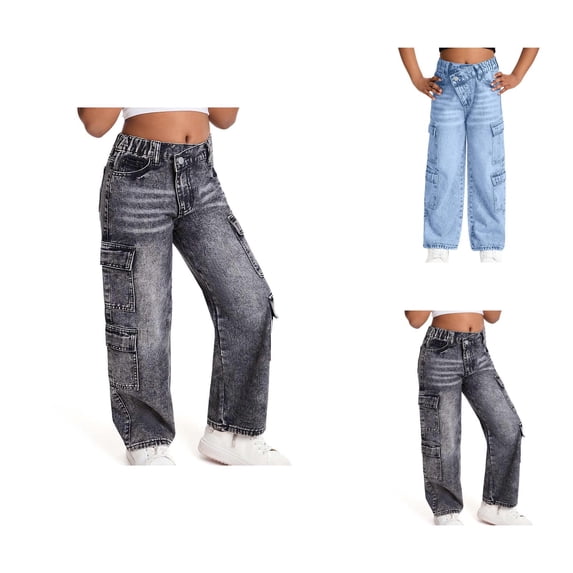 Girls Clothes Girls Jeans Cargo Style Distressed Washed Denim with Multiple Pockets Loose Fit Summer Trousers for 6-13 Years
