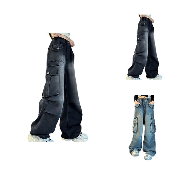 Girls Clothes Girls Jeans Fashion Personality Elastic Waist Wide Leg Denim Pants Casual with Multi Pockets