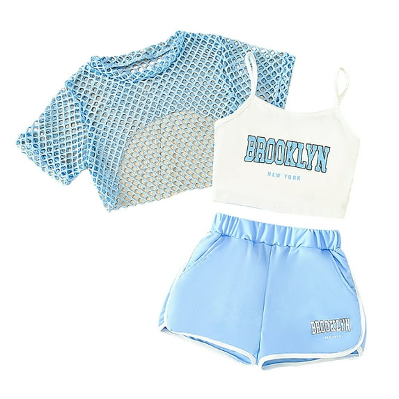 Girls Clothes,Girls Summer 3 Piece Set Sleeveless Top Shorts Outfit Casual Loose Fit Playwear Outdoor Activities Wea,Teen Girl Clothes,Light Blue,11-12 Years