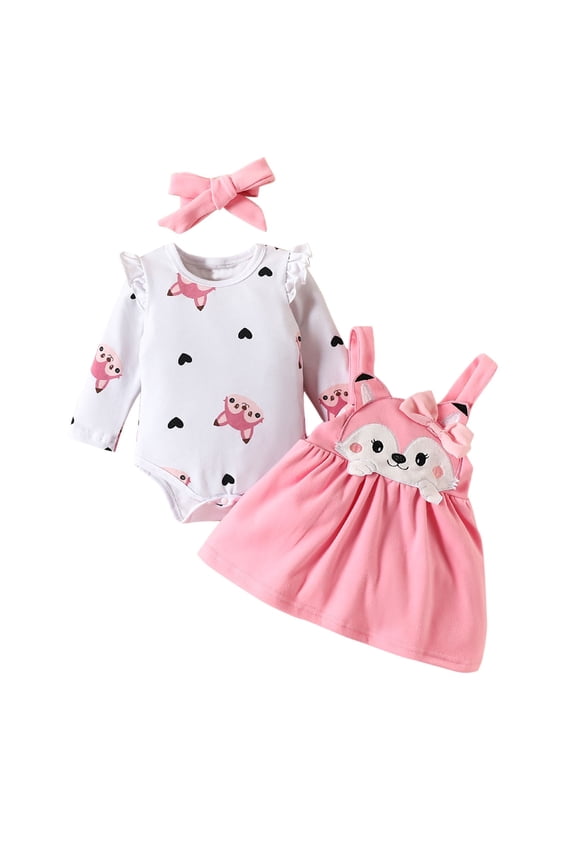 Girls Clothes Long Sleeve Ruffle Romper + Fox Print Overall Skirt + Headband Infant Fall Winter Outfits for 0-18 Months
