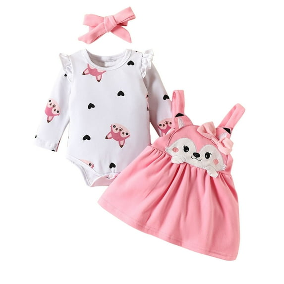 Girls Clothes Long Sleeve Ruffle Romper + Fox Print Overall Skirt + Headband Infant Fall Winter Outfits for 0-18 Months