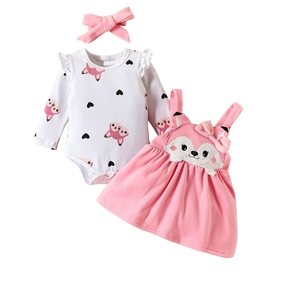 Girls Clothes Long Sleeve Ruffle Romper + Fox Print Overall Skirt + Headband Infant Fall Winter Outfits for 0-18 Months