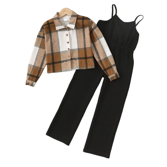 Girls Clothes Plaid Striped Long Sleeved Lapel Cardigan Top + Black Camisole Jumpsuit 2PCS Set Big Kid Clothes