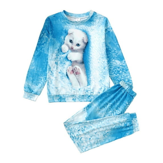 Girls Clothes Pussy Pattern Printed Round Neck Long Sleeved Sweater + Pants 2PCS Set Fall Winter Big Kid Clothes