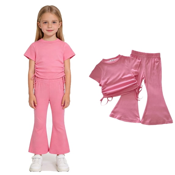 Girls Clothes Ruched Drawstring Short Sleeve Top and Pants 2 Piece Girls Outfit Summer Clothes 5-6 Years
