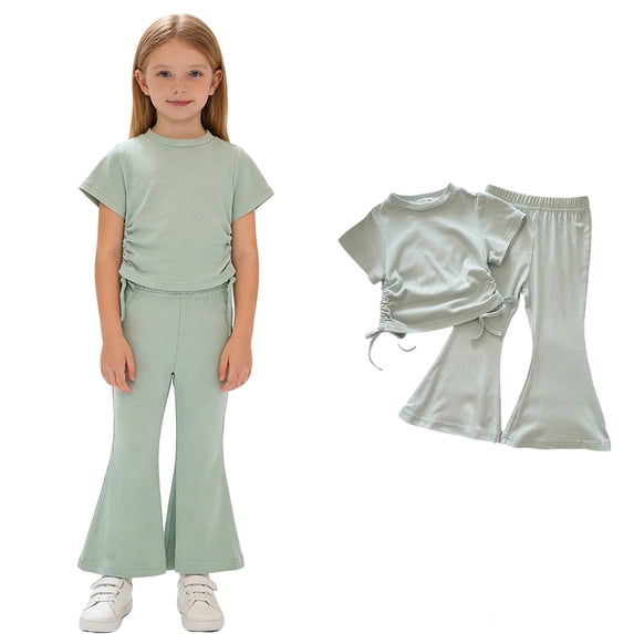Girls Clothes Ruched Drawstring Short Sleeve Top and Pants 2 Piece Girls Outfit Summer Clothes 5-6 Years