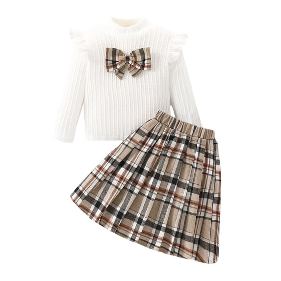 Girls Clothes Sets: Puff Sleeve Tops Plaid Mini Skirts Skirt Set 2 Piece Fall Winter Outfits White 4 Years