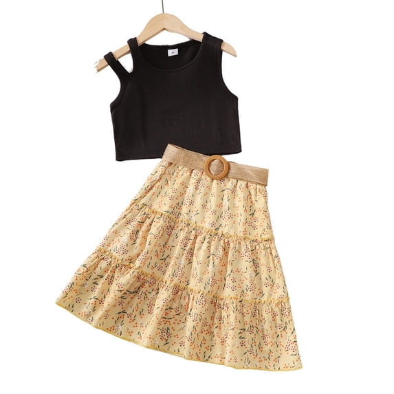 Girls Clothes Solid Color Pit Stripe Sleeveless Top + Floral Printed Skirt with Belt 2PCS Set Spring Summer Big Kid Clothes