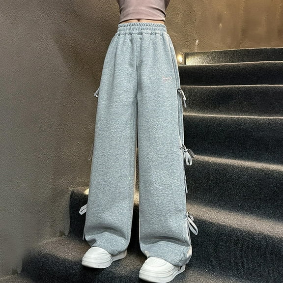 Girls Clothes Straight Leg Sweatpants Girls Sweatpants Kids Cotton Bow Joggers Athletic Pants with Pockets for Teen Girls cotton Grey 11-12 Years