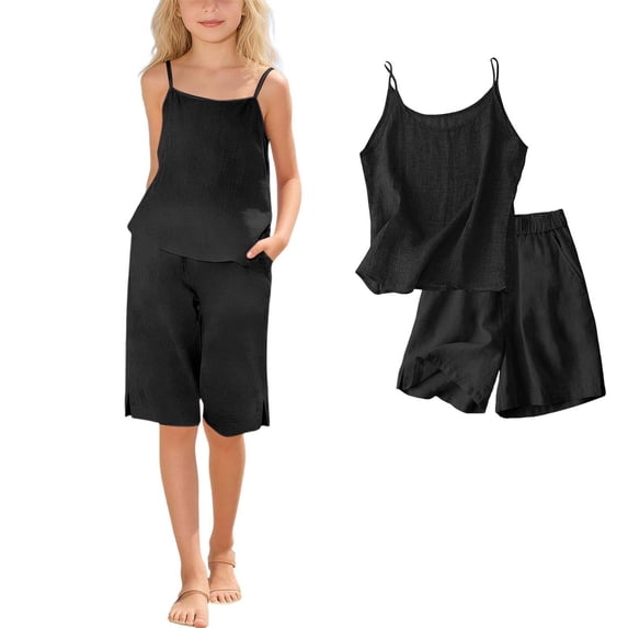 Girls Clothes Summer 2 Piece Outfit Set Black Sleeveless Camisole Top and Shorts Kids Fashion Clothing Sets 11-12 Years