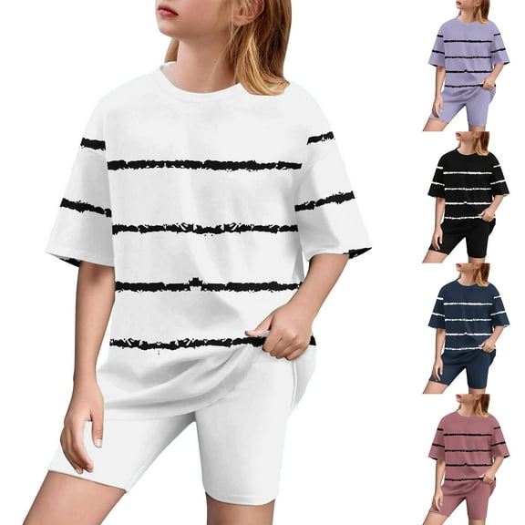 Girls Clothes Summer 2 Piece Outfits Drop Shoulder T-Shirts and Biker Shorts Kids Fashion Clothing Sets