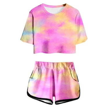 Girls Clothes Summer 2 Piece Outfits Drop Shoulder Tie Dye T-Shirts and Shorts Casual Outfit Kids Fashion Clothing Sets,A-Pink,130(8-9 Years)
