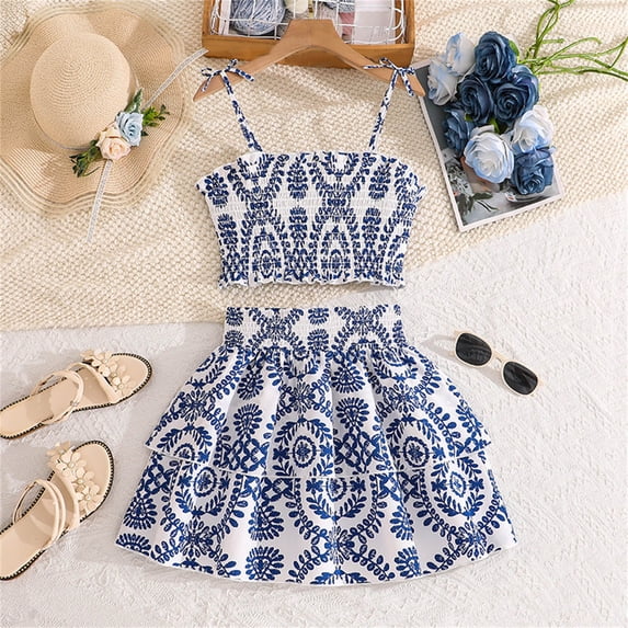 Girls Clothes Summer Floral Print Spaghetti Strap Tank Top with Ruffle Hem Skirt Set Girls Outfits Blue 7-8 Years