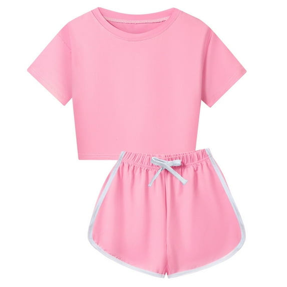 Girls Clothes Summer Toddler Girls Color Block Short Sleeve T-Shirt & Pants Sweatsuit Outfit Set Comfortable Sportswear 7-8 Years #Pink