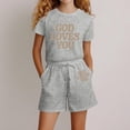 thumbnail image 1 of Girls Clothes Summer Two Piece Short Sleeve T-Shirts & Shorts Set God Loves You Cute Letter Print Clothing Sets (Grey), 1 of 3