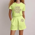 thumbnail image 1 of Girls Clothes Summer Two Piece Short Sleeve T-Shirts & Shorts Set God Loves You Cute Letter Print Clothing Sets (Light Green), 1 of 3