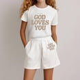 thumbnail image 1 of Girls Clothes Summer Two Piece Short Sleeve T-Shirts & Shorts Set God Loves You Cute Letter Print Clothing Sets (White), 1 of 3