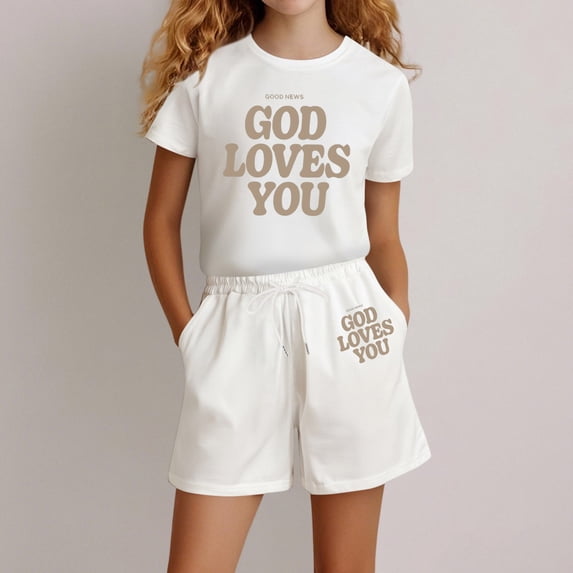 Girls Clothes Summer Two Piece Short Sleeve T-Shirts & Shorts Set God Loves You Cute Letter Print Clothing Sets (White)