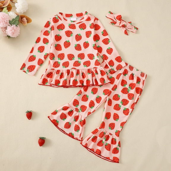 Girls Clothes Toddler Ribbed Strawberry Print Long Sleeve Set with Headband Girls Spring Outfits Pink 6-12 Months